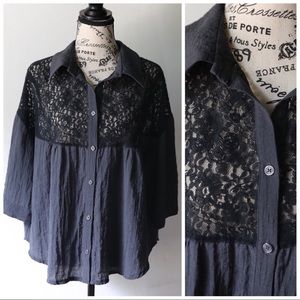 Free People black and grey 3/4 length sleeve lace button down shirt small